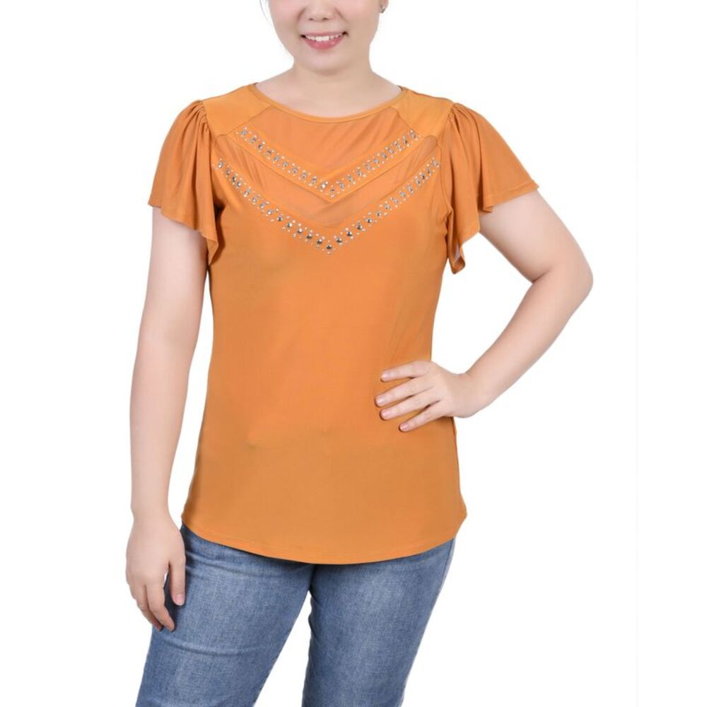 NY Collection Petite Studded Short Flutter Sleeve Top